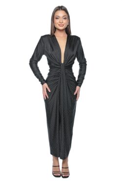Rochie de ocazie Ovelin, one size, neagra, din lycra, cu decolteu adanc si strasuri aplicate,