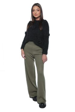 Pantaloni Anda, one size, kaki, tricotati, croiala dreapta, cu talie inalta