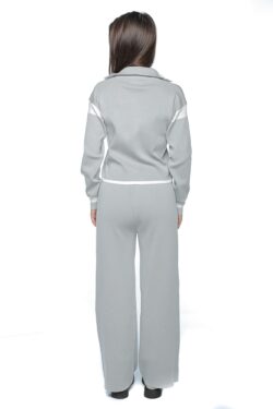 Compleu Noria, one size, gri cu alb, din tricot fin, cu pantalon si bluza cu fermoar - imagine 4