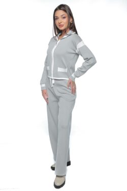 Compleu Noria, one size, gri cu alb, din tricot fin, cu pantalon si bluza cu fermoar - imagine 3