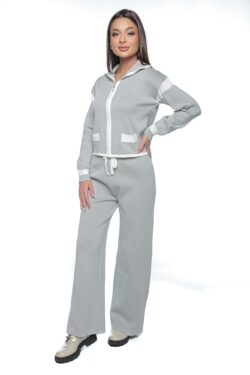 Compleu Noria, one size, gri cu alb, din tricot fin, cu pantalon si bluza cu fermoar