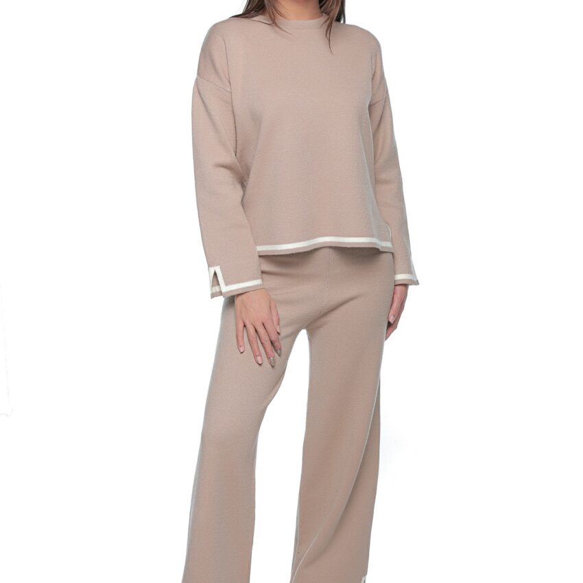Compleu tricotat Yunna, one size, crem, din doua piese, cu pantalon si bluza lejera