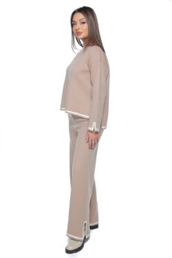 Compleu tricotat Yunna, one size, crem, din doua piese, cu pantalon si bluza lejera - imagine 3
