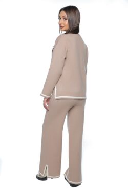 Compleu tricotat Yunna, one size, crem, din doua piese, cu pantalon si bluza lejera - imagine 4