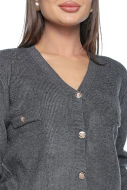 Compleu gri Aeris, one size, tricotat, cu fusta midi si bluza, cu nasturi aurii - imagine 3