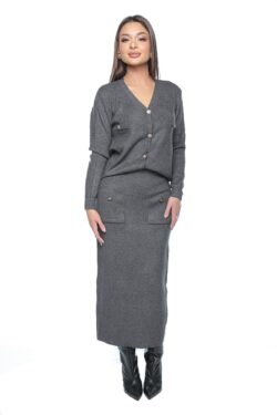 Compleu gri Aeris, one size, tricotat, cu fusta midi si bluza, cu nasturi aurii - imagine 4