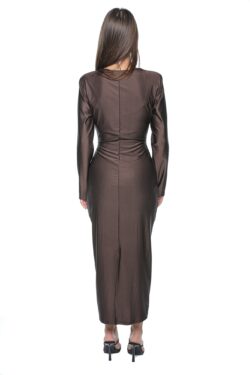 Rochie de ocazie Tessa, one size, din lycra maro, cu maneca lunga si detaliu auriu - imagine 4