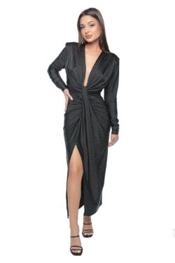 Rochie de ocazie Ovelin, one size, neagra, din lycra, cu decolteu adanc si strasuri aplicate, - imagine 2